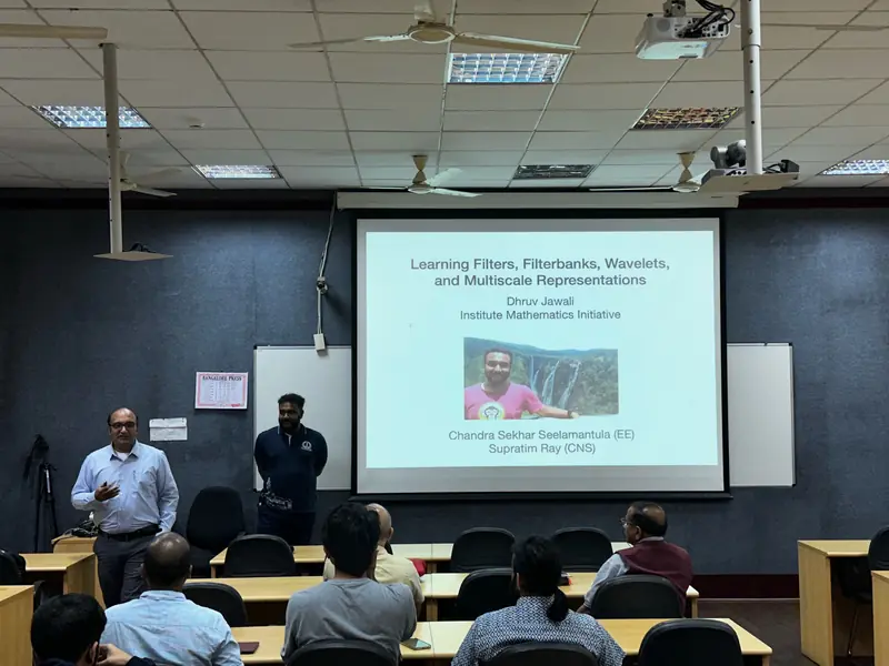 Dhruv Jawali defending his PhD thesis titled 'Learning Filters, Filterbanks, Wavelets and Multiscale Representations'.